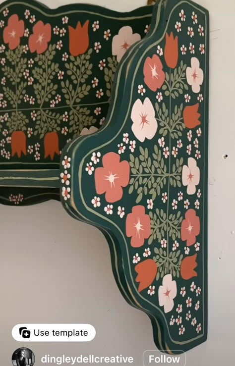 Folk Home Aesthetic, Folk Art Painted Hutch, Hand Painted Table Top, Hand Painted Shelf Ideas, Dark Green Armoire, Swedish Folk Art Furniture, Folkart Painted Furniture, Cottagecore Painted Furniture, Folk Art Furniture Painting Ideas