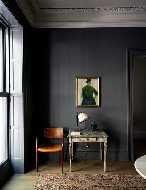 Whether it comes in the form of paint, wallpaper, furniture, tile, or textiles, there are endless opportunities to incorporate the color charcoal in your home. It pairs beautifully with warm tones, like yellow and blush, and contrasts with cooler hues, such as sky blue and sage green. #hunkerhome #grey #charcoalideas #charcoalbedroom #charcoalwall #wallcolorideas Grey Painted Floor, Farrow And Ball Living Room, Gray Painted Walls, Dark Grey Paint, Light Gray Paint, Dark Living Rooms, Wall Colours, Farrow And Ball Paint, Wall Colour