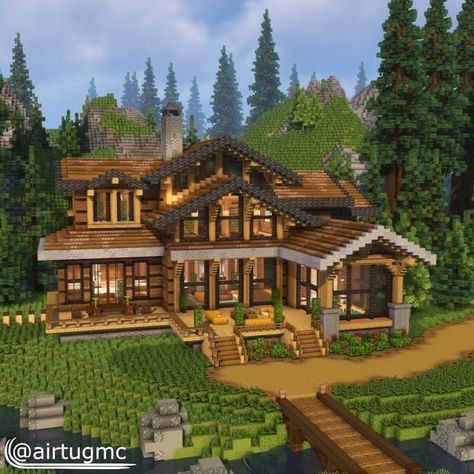 Minecraft Log House, Minecraft Houses On Water, Minecraft House Survival, Minecraft Neighborhood, Large Minecraft Houses, Minecraft Survival Base, Minecraft Hus, Minecraft Cabin, Modern Minecraft