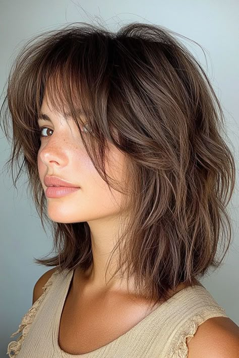 Textured Brunette Shag with Feathered Ends, medium-length shag haircut Layered Hair Shag Medium, Middle Length Shag Haircut, Shaggy Medium Length Hair Choppy Layers, Soft Shag With Bangs, Mid Shag Haircut, Medium Length Haircut Shag, Medium Length Shag Haircuts Modern, Brown Shaggy Hair, Mid Length Shag Haircut With Bangs