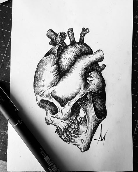 Just a ink drawing of a heart and skull Half Skull Half Brain Drawing, Pencil Art Drawings Skull, Heart And Skull Drawing, Skull Heart Drawing, Skull Ink Drawing, Brain And Heart Drawing, Skull And Heart Tattoo, Skull Pen Drawing, Skull Design Drawing