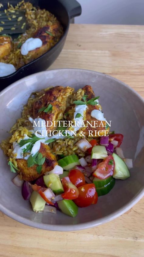 Mediterranean Chicken and Rice - Happy Balanced Life Mediterranean Chicken And Rice, Mediterranean Chicken Recipes, Lamb Salad, Turmeric Rice, Greek Quinoa Salad, Rice Bake, Mediterranean Spices, Homemade Tzatziki, 2024 Recipes