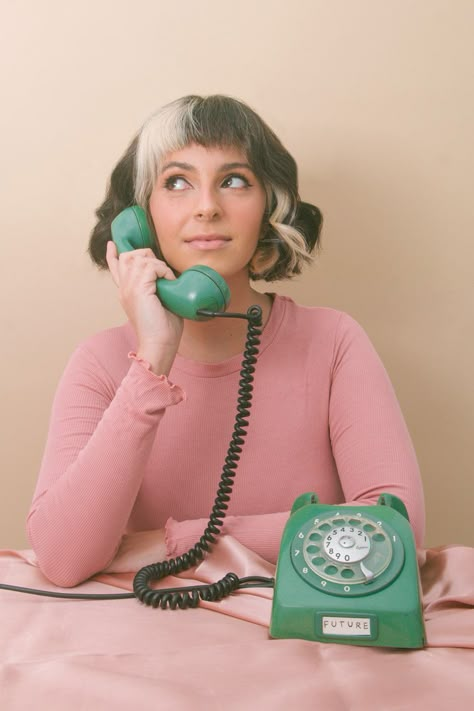 Holding A Telephone Drawing Reference, Person Holding Flip Phone, Telephone Pose Reference, On The Phone Pose Reference, Person Holding Phone Drawing Reference, Rotary Phone Photoshoot, Old Phone Photoshoot, Posing With Phone, Person On Phone Reference