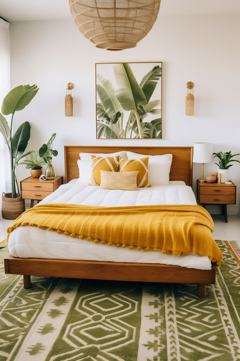 Mid-Century Modern Boho Bedroom. The retro blend of mustard yellow, avocado green, and crisp whites creates a stylish retreat that's perfect for relaxation. Paradise Decor, Decor Ideas Bedroom, Mid Century Modern Bedroom, Eclectic Bedroom, Boho Bedroom, Vintage Modern, Decor Bedroom, Guest Bedroom, Home Decor Bedroom