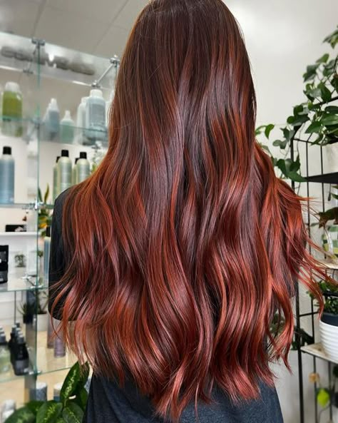 Chestnut Red Balayage, Light Red Auburn Hair, Red Balyage Long Hair Brunette, Dark Brown To Ginger Balayage, Red Auburn Balayage, Auburn Hair Olive Skin, Copper Balayage Straight Hair, Balayage Copper Red, Subtle Red Balayage