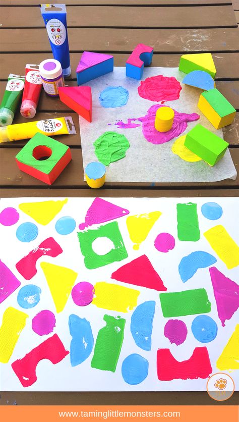 Painting with blocks is a fun process art activity for kids. Best of all, when it's finished you've got a no prep shape sorting activity all ready to go. Check out the 4 different kids of pictures your toddlers and preschoolers can make using blocks. Painting Idea For Preschoolers, Art Activity For Infants, No Prep Crafts For Preschoolers, Free Expression Art Preschool, Early Head Start Activities, Self Contained Art Projects, Block Activities For Toddlers, Easel Activities For Toddlers, Math And Manipulatives For Toddlers