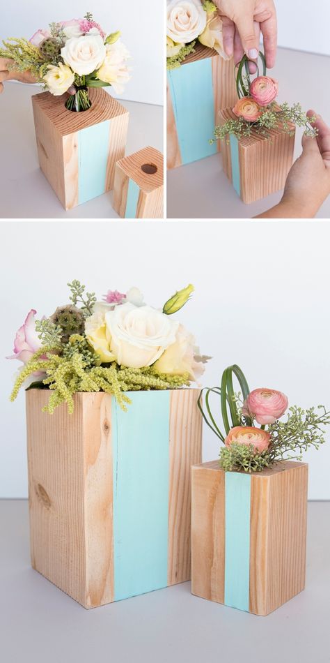 These DIY Wood Block Centerpieces Are Simply Stunning! Glass Block Centerpieces Wedding, Diy Wood Party Decor, Diy Wood Vase, Diy Wood Centerpieces, Wood Vase Centerpiece, Wood Flower Vase, Marriage Conference, Wood Vases, Flower Vase Design