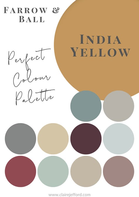 Select colour combinations that will work beautifully together with India Yellow by Farrow & Ball. Our Perfect Colour Palettes help you confidently select the best colour for your home, and then see which trim, ceiling, and accent colours pair well with your selected colour. Choose the perfect interior paint colours the first time, every time. Farrow And Ball Colour Combinations, Farrow And Ball India Yellow Living Room, Farrow And Ball Yellow Kitchen, India Yellow Colour Scheme, Colour Palette Farrow And Ball, Farrow And Ball Colour Schemes 2023, Farrow And Ball Indian Yellow, Indian Yellow Farrow And Ball, Farrow And Ball Paint Colour Palettes