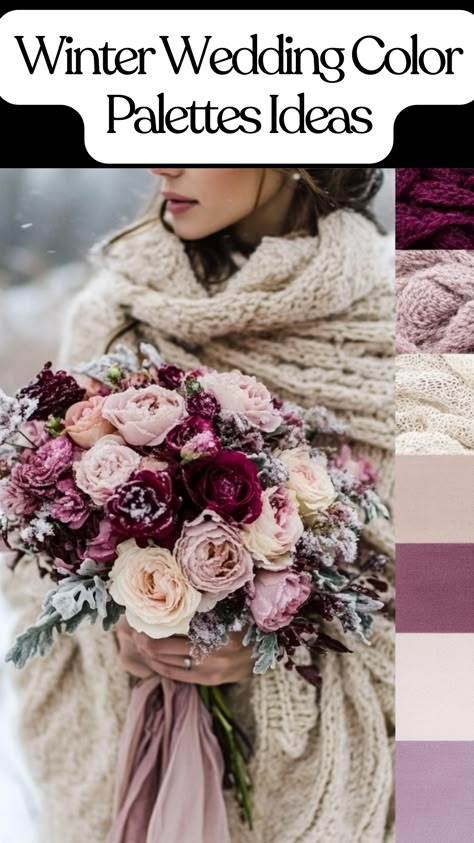 Elegant winter wedding color palette ideas featuring cozy mauve, berry, and seasonal hues for a January celebration. Wedding Color Schemes For February, Berry Tones Wedding, Unique Winter Wedding Colors, Winter Pink Wedding Color Palettes, February Wedding Inspiration, Light Pink Winter Wedding, Mauve Winter Wedding, Winter Wedding Color Palette Purple, January Colors Palette