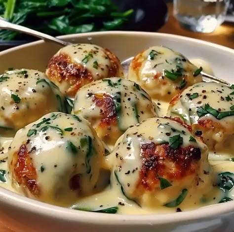 Chicken Ricotta Meatballs with Spinach Alfredo Sauce – Naomi's Recipes Chicken Ricotta Meatballs, Spinach Alfredo Sauce, Meatballs With Spinach, Chicken Ricotta, Ricotta Meatballs, Spinach Alfredo, Ground Chicken, Chicken Dishes Recipes, Alfredo Sauce