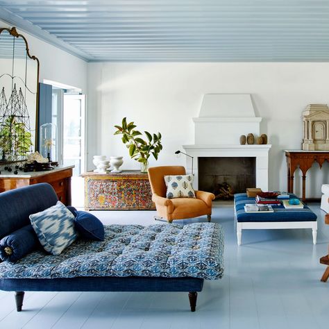 Why Blue Ceilings Are Such a Popular Tradition | Architectural Digest Blue Ceiling, Mediterranean Living Room, Relaxing Living Room, Mediterranean Interior, Blue Ceilings, Tuscan Design, Mediterranean Style Homes, Mediterranean Home Decor, Mediterranean Decor