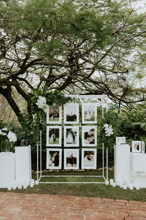 Wedding Decoration Outdoor Garden, Photo Section Wedding, Engagement Photos Displayed At Wedding, Displaying Photos At Wedding, Engagement Photo Display At Wedding, Wedding Welcome Party Decor, Wedding Photo Station, Free Standing Wedding Decorations, Backdrop Ideas For Wedding