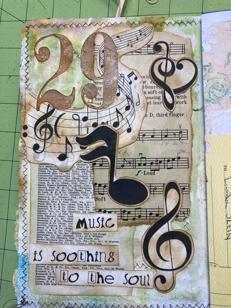 #junkjournaljanuary #junkjournaljanuary2023 Get Messy Art MegJournals Not every page you create has to be a time consuming event. I have taken 2 pieces of paper for my collage and some clip art musical notes and adhered them to my page. I added a title also with the help of my computer. Then I used a cute paper clip to attach my journal card to the top of the page and we are done. Thanks for looking, have a great day. Hugs!!! Link to the process video: https://youtu.be/HkKKroOAGew For more in Journal Day Ideas, Music Themed Sketchbook, Art On Sheet Music, Newspaper Art Projects, Music Art Journal, Art Title Page Ideas, Music Scrapbook Ideas, Music Art Ideas, Title Page Art