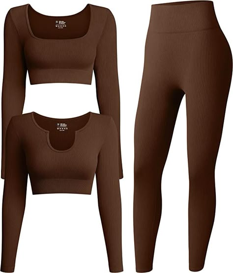 Gym Outfit Long Sleeve, Brown Workout Set, Outfits Academia, Matching Gym Set, Women Workout Outfits, Sport Set Women, Workout Clothes Outfits, Workouts Outfits, Yoga Sets Outfit