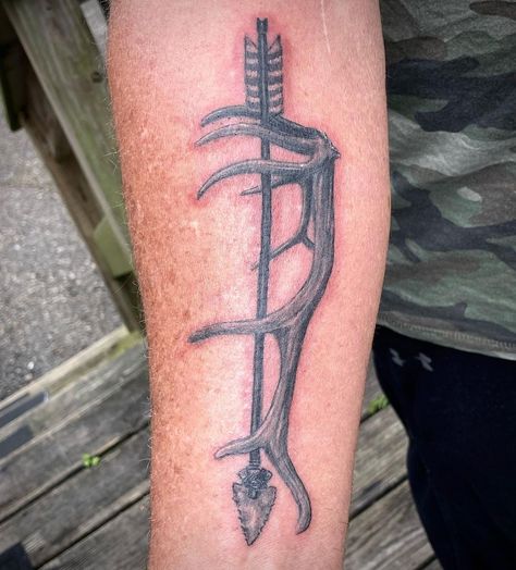 Outdoorsmen Tattoo Ideas, Mens Outdoor Tattoo Sleeve, Indian Spear Tattoo, Country Forearm Tattoo Men, Elk Hunting Tattoos, Hunting Forearm Tattoos, Hunting Tattoos For Guys Forearm, Guys Tattoos Arm, Elk Antler Tattoo Men