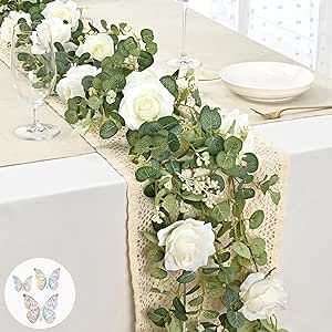 Garland For Table, White Flower Garland, Garland With Flowers, Room Backdrop, Table Centerpiece Wedding, Vine Garland, Artificial Eucalyptus Garland, Backdrop Decor, Rose Vine