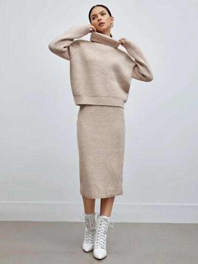 New Arrivals: Dresses, Swimwear, Tops, & More | SHEIN USA Sweater Skirt Outfit, Cable Turtleneck Sweater, Midi Sweater Skirt, Skirt Outfit Fall, Feminine Minimalist, Sweater Skirt Set, Raglan Sleeve Sweater, Outfit Essentials, Crop Top Skirt Set