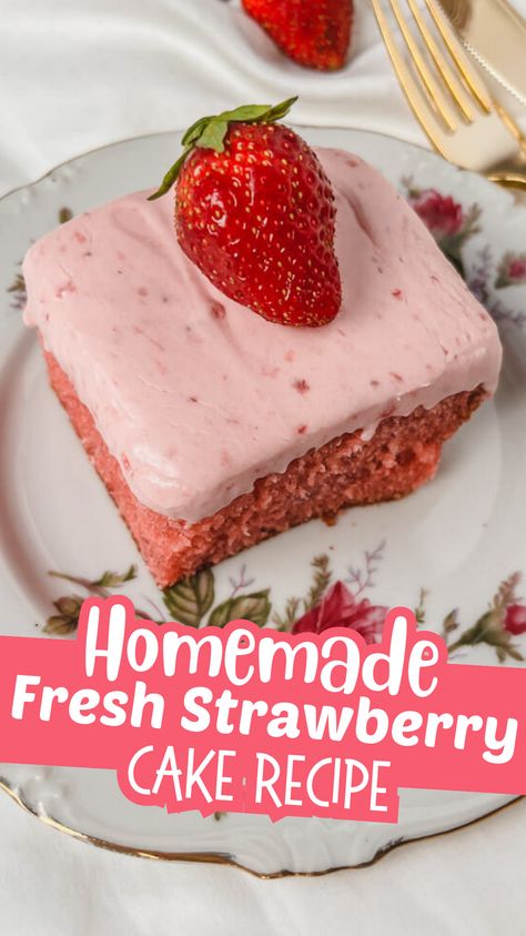 This easy strawberry cake recipe, using real strawberries and a helping hand from a box of strawberry gelatin, creates an incredibly fluffy cake, with a moist, tender crumb.  And baking this as a sheet cake, makes this even easier and faster! Fresh Strawberry Sheet Cake, Strawberry Cake With White Box Cake, Simple Strawberry Cake Recipe, Best Strawberry Box Cake Recipe, Easy Desserts With Fresh Strawberries, Strawberry Cake Without Strawberries, Super Moist Strawberry Cake, Strawberry Cake With Cool Whip Frosting, Old Fashion Strawberry Cake