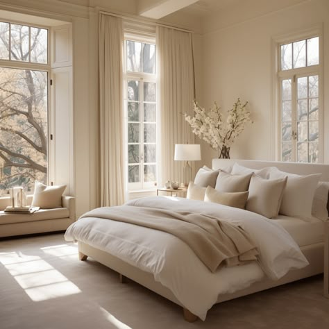 Learn How To Arrange a Bedroom With Two Windows Bedroom Floor To Ceiling Windows, Bedroom Inspirations High Ceilings, High Bedroom Windows, Bedroom Ideas Wood Floor, French Windows Bedroom, Bedroom Cream, Huge Window Bedroom, Neutral Bedroom Wooden Floor, Floor To Ceiling Windows Bedroom