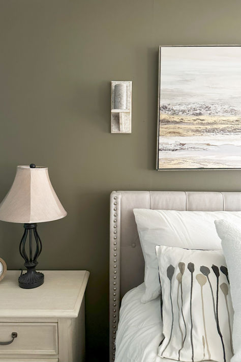 olive green home decor in primary bedroom Warm Bedroom Paint Colors, Green Bedroom Colors, Olive Green Paint, Olive Green Bedrooms, Olive Green Paints, Ashley Bedroom, Green Wall Color, Green Painted Walls, Beauty Rooms