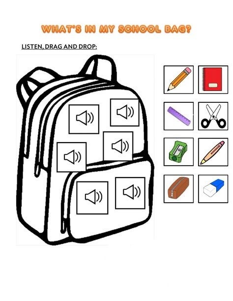 School objects interactive and downloadable worksheet. You can do the exercises online or download the worksheet as pdf. Whats In My School Bag, What's In My School Bag, In My School Bag, My School Bag, Gym For Kids, Brain Gym For Kids, School Objects, Classroom Objects, Kindergarden Activities