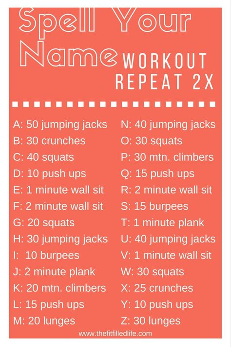 Let’s have a little fun with this Spell Your Name Workout!  But if you’re like me and your name only has four letters “Lori”, you might want to include your middle or last name too. This is a workout after all!!!  Tell me what’s your name and how was your workout? Your Name Workout, Alphabet Workout, Cross Country Workout, Name Workout, Spell Your Name Workout, Workout Names, Equipment Workout, Spell Your Name, Quick Workouts