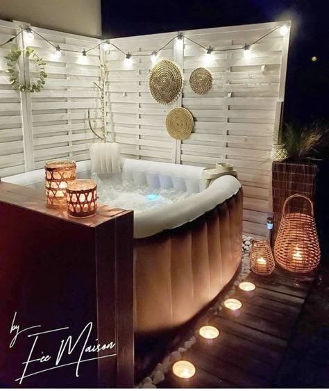 Spa Outdoor Area, Hot Tub On Porch Ideas, Porch Ideas With Hot Tub, Patio Decorating Ideas With Hot Tub, Jacuzzi Garden Ideas, Hot Tub Styling, Hot Tub Porch Decor, Outdoor Hot Tub Space, Decorating Hot Tub Area