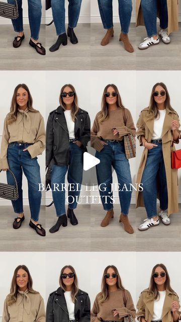 Stacie Elsmore on Instagram: "7 ways to style barrel leg jeans 👖 Which look do you like best?!   Can you believe these jeans are from Sainsbury’s?! They’re such a steal and I love how comfortable & easy to wear they are!   All of these outfits are linked on my LTK ready to shop!  *Jeans are a PR item" Styling Barrel Leg Jeans, How To Wear Barrel Jeans, Barrel Jeans Outfit Fall, Barrel Jeans Outfit Winter, How To Style Barrel Jeans, Barrel Jeans Street Style, Barrell Jeans, Barrel Leg Jeans Outfit, Barrel Jeans Outfit