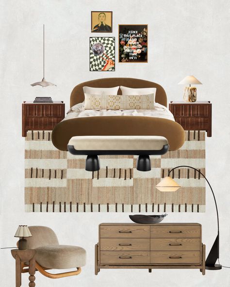 Funky bedroom moodboard showcasing bold rust tones, eclectic patterns, and modern decor pieces with product links for easy shopping and design inspiration. Combining Different Wood Tones, Burnt Orange Bedroom Color Schemes, Boho Modern Bedroom, Dark Wood Rug, Retro Bedroom Ideas, Vintage Modern Bedroom, Retro Furniture Makeover, Vibrant Bedroom, Bedroom Collage