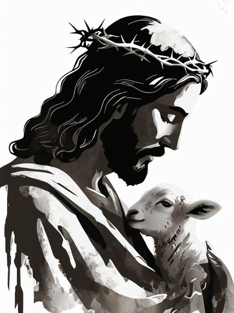 Jesus and Lamb; Black and White Print Lamb Of God Art, Jesus Black And White, Jesus With Lamb, Jesus And Lamb, Jesus Drawing, Gospel Art, Jesus Art Drawing, Jesus Christ Illustration, Jesus Cartoon