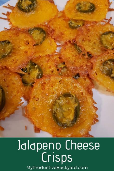 Jalapeno Cheese Crisps are the perfect blend of cheesy and spicy, chewy and crispy! Just 5 minutes to prep and 10-12 minutes to bake! #Keto #LowCarb #LCHF #KetoDiet #MyProductiveBackyard #glutenfree #ketogenicdiet #lowcarbhighfat #Ketorecipes #Lowcarbrecipes #cheese #cheesesnacks #snacks #appetizers Jalapeno Cheese Crisps, Jack Snacks, Jalapeno Chips, Cheesy Appetizer, Making Grilled Cheese, Jalapeno Cheese, Cheese Chips, Crispy Cheese, Cheese Crisps