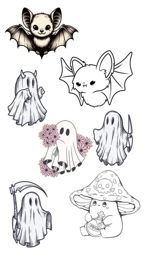 Cute spooky tattoo ideas Medium Halloween Tattoos, Cute Spooky Halloween Tattoo, Colorful Ghost Tattoo, Fine Line Spooky Tattoo, Spooky Aesthetic Tattoo, Simple Halloween Tattoo Flash, Tiny Bat Tattoo Ideas, Spooky Simple Tattoos, Kawaii Bat Tattoo