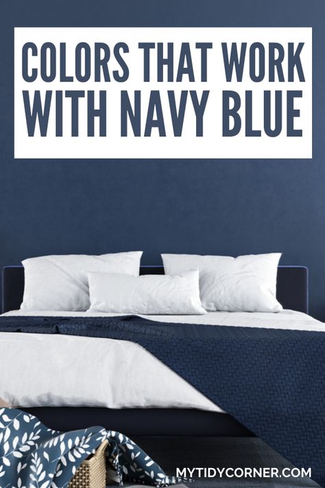 color combinations for navy blue Blue Bed Comforter Ideas, Navy Blue And Taupe Bedroom, Bedroom Color Schemes Navy, Navy Blue Bedding Bedroom, Charcoal And Navy Bedroom, Navy Blue Headboard Bedroom Ideas Accent Wall, Navy Bedroom Decor Ideas, Navy Bedroom Accents, Navy Blue Bed Bedroom Ideas