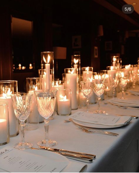 Elegant Glamour Wedding Decor, Wedding Reception Candles Romantic, Long Table Wedding Decor Candles, Candles Only Centerpiece Wedding, Alternating Tablecloths Wedding, Candles Aesthetic Wedding Table, Wedding Table Only Candles, Candle Ideas For Wedding Tables, Candle Long Table Centerpiece