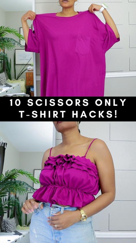 Pink magenta large t-shirt transformed into a milkmaid style tank top. How To Redesign A Tee Shirt, Remake Men's Shirt Ideas, Modified T Shirt Ideas, Redesign T Shirts Ideas, T Shirt Upcycle Ideas, T Shirt Revamp, Tee Shirt Upcycle Diy, Upcycling Tshirts Ideas, Ways To Upcycle Tshirts