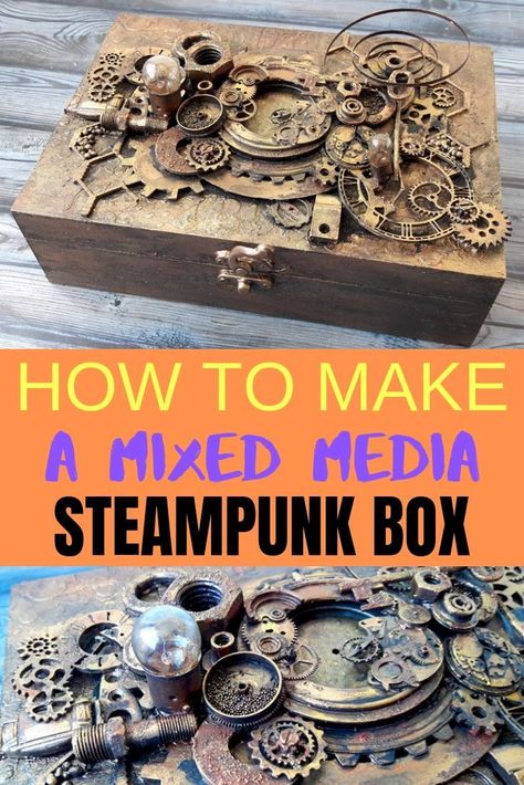 Alter a simple wooden box into a steampunk embellished box full of metal parts, texture and industrial vibe, Step by step tutorial to make this fun mixed media project  #steampunk #mixedmedia #project #technique #alteredart #tutorial Steampunk Diy Crafts, Steampunk Mixed Media Art, Mixed Media Boxes, Baby Born Kleidung, Altered Box, Steampunk Mixed Media, Steampunk Crafts, Box Tutorial, Mixed Media Art Canvas