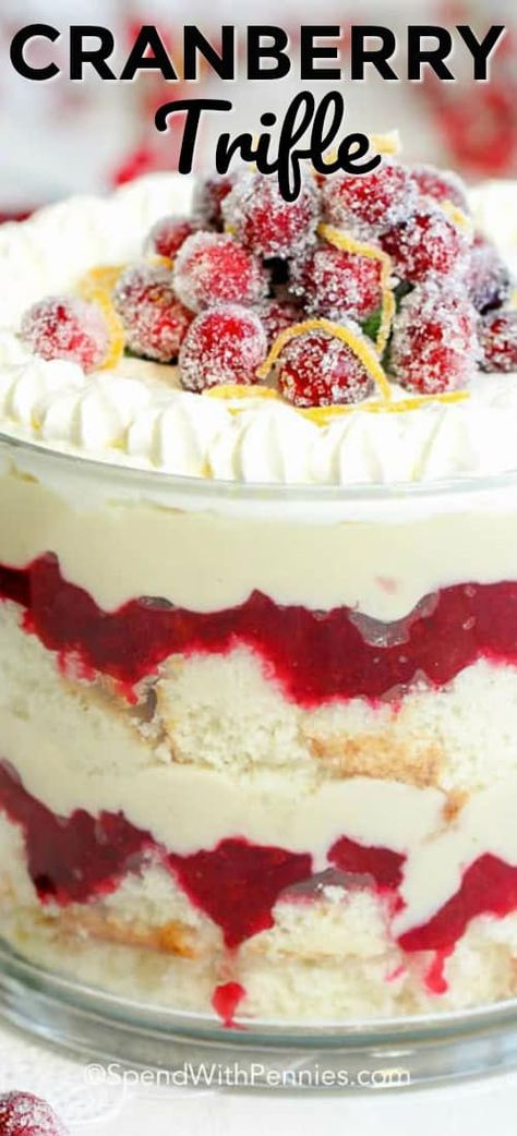 This easy cranberry trifle recipe features soft cake layered with sweet tart cranberries and homemade custard. This beautiful trifle dessert is perfect for any time of year! #spendwithpennies #triflerecipe #trifledessert #easytrifle #easydessert #dessertrecipe #trifle Cranberry Trifle, Orange Trifle, Christmas Trifle Recipes, Trifle Bowl Recipes, Trifle Dessert Recipes, Trifle Recipes, Christmas Trifle, Cranberry Dessert, Dessert Halloween