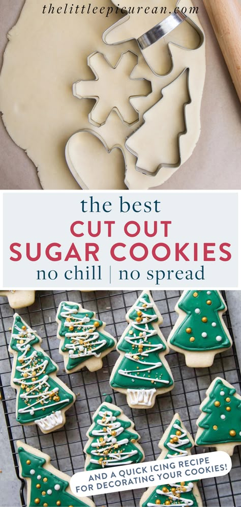 sugar cookies being cut out then served decorated with icing and sprinkles Best Sugar Christmas Cookies, Best Cutout Sugar Cookies Christmas, Christmas Cookies Recipes Easy Sugar Cookie, Cut Out Cookie Recipe No Chill, Cutout Sugar Cookies No Chill, Non Refrigerated Sugar Cookie Recipe, Christmas Cookie Cut Out Recipe, How To Make Shaped Cookies, Cutable Sugar Cookie Recipe