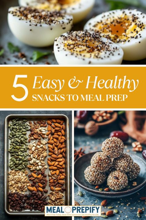 A collage of healthy, meal-prep-friendly snacks including protein-packed bites, veggie cups, and more. Whole 30 Grab And Go Snacks, Healthy Snacks To Prep, Shelf Stable Healthy Snacks, Healthy Snack Prep For The Week, Healthy Shelf Stable Snacks, Make Ahead Healthy Snacks, Freezer Snacks Make Ahead, Snack Meal Prep Ideas, Easy Work Snacks