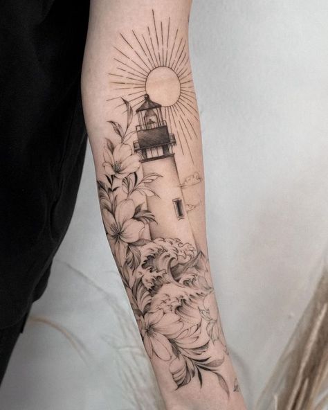 Ocean Sleeve Tattoos, Nautical Tattoo Sleeve, Lower Arm Tattoos, Arm Sleeve Tattoos For Women, Lighthouse Tattoo, Obsessed With Her, Tattoos For Women Half Sleeve, Nautical Tattoo, Beach Tattoo