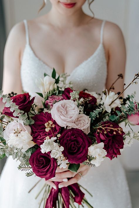 Romantic blush and burgundy wedding bouquet with classic flowers and roses - Madiow Photography | This Timeless Burgundy Wedding has All The Spring Inspiration You Need #weddingbouquet #bouquet #weddings #flowers #weddingflowers #bridalbouquet #floral Blush And Burgundy Wedding, Burgundy Wedding Bouquet, Burgundy Wedding Theme, Burgundy Wedding Flowers, Burgundy And Blush Wedding, Burgundy Bouquet, Madeline Gardner, Fall Wedding Bouquets, Mori Lee