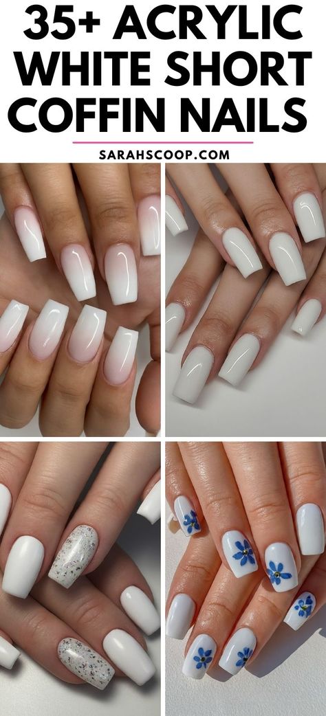 Embrace simplicity and elegance with these 35+ short coffin acrylic nail designs in white. Perfect for any occasion! #WhieNails #AcrylicNails #NailDesigns Short Coffin Designs, Coffin Shape Wedding Nails, White Design Nails Short, Coffin White Nails Design, Nail Ideas Simple White, Nail Designs In White, White Coffin Nails Design, Coffin Nails White, Short Coffin Acrylic Nails