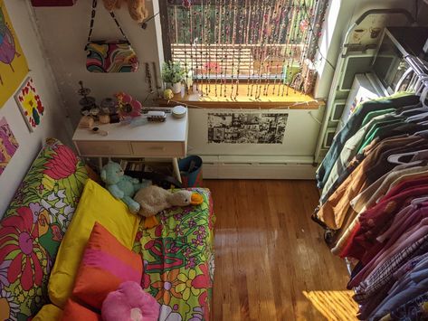 I Live in a 72 Square-Foot Apartment — My Best Storage Hacks Bedroom With Futon, Storage Hacks For Small Spaces, Closet Guest Room, Secret Room Decor, In The City Aesthetic, The City Aesthetic, Bedroom Futon, Hacks For Small Spaces, Nyc Studio Apartments