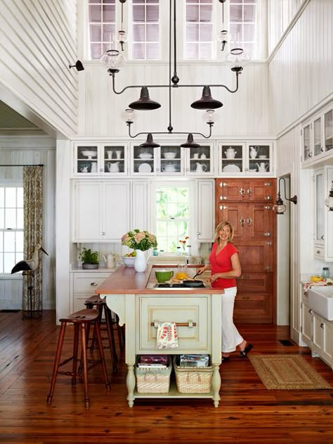 Vintage southern Wood Window Frame, Euro Trash, Blue And White Home, Heart Pine Flooring, New Old House, Blue Ceilings, Southern Living Homes, Oak Panels, Kitchen Ceiling