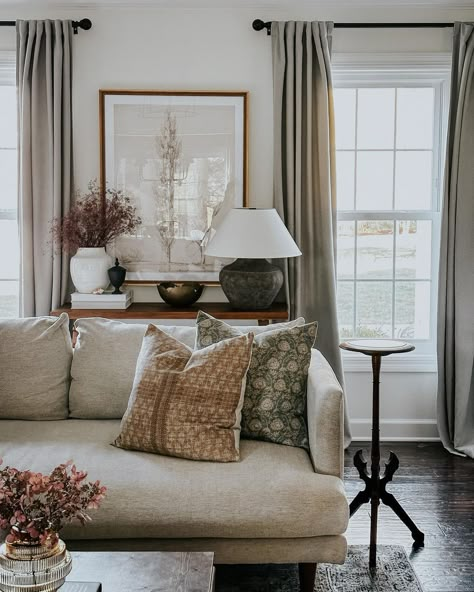 A M A N D A C O A K L E Y on Instagram: “Morning light coming in and green grass and a budding willow tree within view of the living room. #livingroom #livingroomdecor…” Sage Chairs Living Room, Mossy Green Living Room, Sage Living Rooms, Green Accent Color Living Room, Earthy Traditional Living Room, Greige And Green Living Room, Neutral Vintage Living Room, Traditional Vintage Living Room, Living Room Decor Cozy Vintage