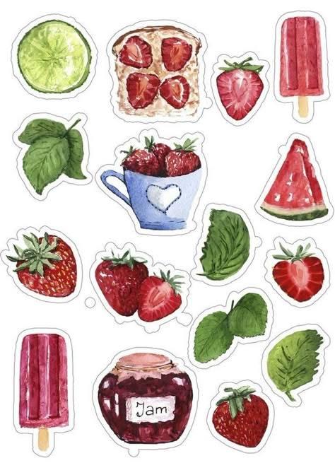 Bujo Printables Stickers, Stickers Food, Bujo Stickers, Food Sticker, Desain Buklet, Scrapbook Printing, Stickers Journal, Tumblr Stickers, Watercolor Stickers