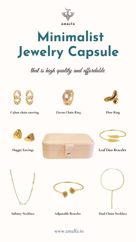 Build the perfect classic jewelry capsule wardrobe with our guide on how to build a minimalist jewelry capsule collection. We’re sharing the best basic jewelry essentials and amalfa jewelry pieces to help you find your dream jewelry collection. #demifinejewelry #jewelery #antitarnish #waterproof Capsule Jewelry Collection, Cheap Jewelry Website, Jewelry Capsule Wardrobe, Minimalist List, Capsule Jewelry, Capsule Wardrobe Jewelry, Jewelry Capsule, Luxury Accessories Woman, The Best Version Of Me