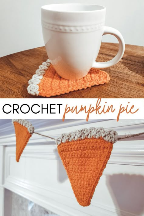 Thanksgiving Crochet - Crochet Pumpkin Pie Garland - Heather Corinne Crochet Pie Slice Free Pattern, Pumpkin Pie Garland, Crochet Pumpkin Pie, Pie Garland, Thanksgiving Crochet Patterns, Fall Crochet Projects, Crochet Fall Decor, Thanksgiving Crochet, Crochet Bunting