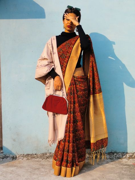 Saree Styling In Winters, Indian Teacher Outfits, Saree With High Neck Sweater, Teacher Saree Look, Winter Saree Styling, Winter Saree Outfit, Professor Aesthetic Woman, Winter Saree Look, Professor Outfits Women