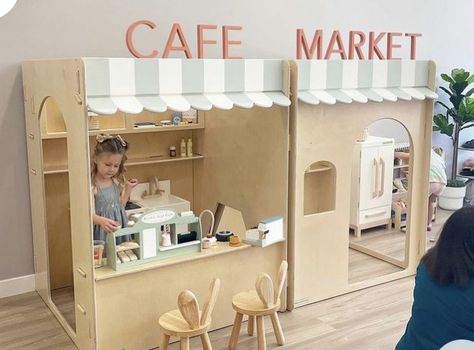 Playhouse Design Plans, Playhouse Indoor Playrooms, Play House Interior Ideas Kids, Kids Cafe Playroom, Kids Cafe Ideas, Indoor Playhouse Ideas, Play Cafe Ideas, Kids Coffee Shop, Play House Interior